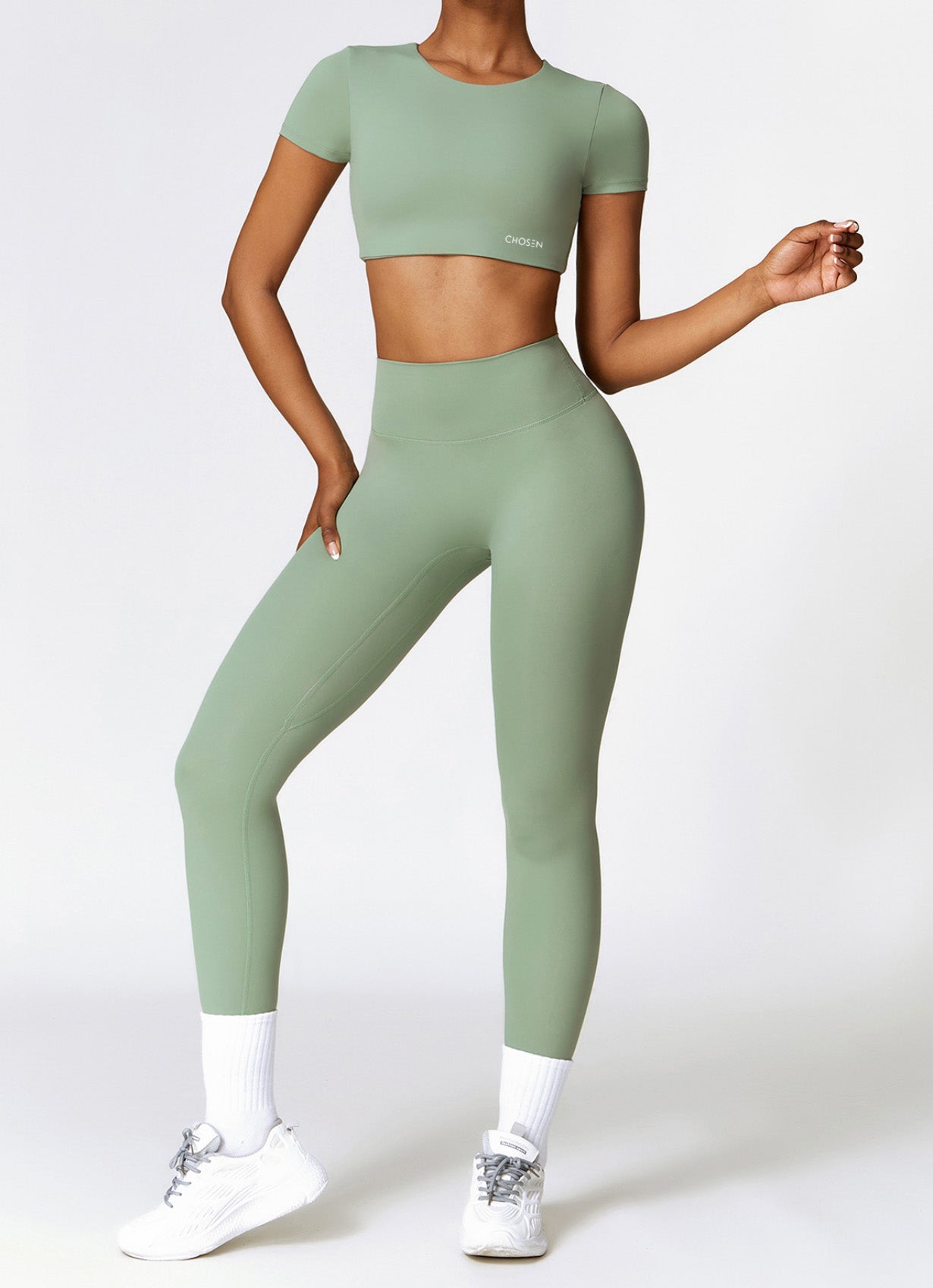 'Sage' 2 Piece Short Sleeve Crop Gym Set